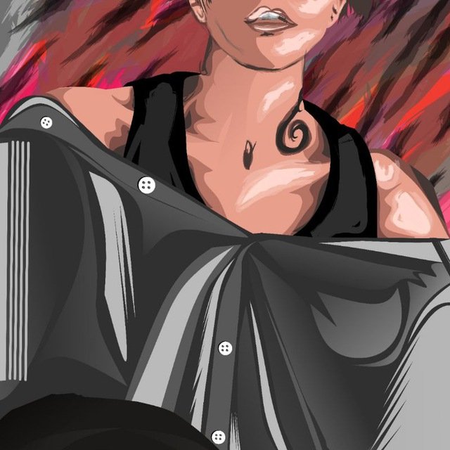 a woman with dark hair and a black jacket stands against an abstract background filled with pink and red colors, creating a dramatic atmosphere
